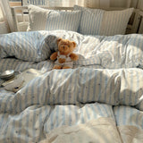 popxstar Striped Princess Bedding Set INS Nordic Girls Soft Washed Cotton Bed Flat Sheet Twin Queen Size Duvet Set Pillowcase Bed Linens