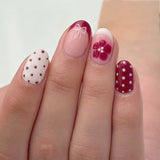 Popxstar  24pcs Flower Fashion Press on Nails Sets Pearl Red Almond Fake Nail Short Oval False Nails Wearable French Full Cover Nail Tips