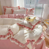 Popxstar Pink Girl Bedding Set Luxury Princess Ruffle Bow Bed Linen Thicken Warm Washed Cotton Quilt Cover Sheet Pillowcase Decor Bedroom