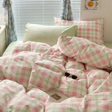 Popxstar INS Pink Green Lattice Stripe Bedding Set Plaid Duvet Cover Soft Microfiber Bed Linen Twin Full Queen Size Grid Home Textiles