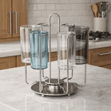 Stainless Steel Rotating Cup Holder Large Capacity Upside-Down Cup Drying Rack Saving Space with Tray Glass Cup Stand Cabinet