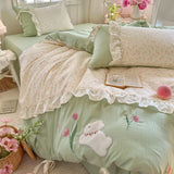 4Pcs Bedding Set Floral Rabbit Bow Lace Bed Sheets With Green Duvet Cover Muslin Bedding Bed Sheets Kawaii Princess Bedding
