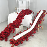 Popxstar Artificial Red Rose Green Plants Flower Row Long Runner Wedding Backdrop Decor Floral Arrangement Party Props Table Centerpiece