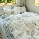 Popxstar  Korean Princess Style Double Layer Lace Flower Embroidery 100% Cotton Bedding Set Plaid Style Duvet Covers Bed Sheet Pillowcases