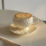 Popxstar  French Cream Relief Coffee Cups Set  Cafe Afternoon Tea Coffee Cups Retro Cappuccino Flower Patterned Cup Unique Creativity Gift