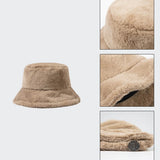 Popxstar Soft Winter Plush Warm Bucket Hat For Women Girl Solid Color Fordable Wide Brim Panama Cap Outdoor Windproof Tour Basin Hats