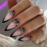 Popxstar 24Pcs Almond Fake Nail with Amber Stripes Design Wearable Long Stiletto False Nails Blue French Full Cover Finished Fingernails