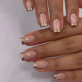 Popxstar 24Pcs Short French False Nails with Glue Wearable Simple Square Head Press on Fake Nails Golden Edge Design Jelly Stick on Nail