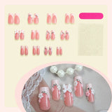 Popxstar  24Pcs White French Tips Fake Nails Nude Pink Almond Press On Nails Charms 3D Flower Designs Sweet Girls Full Cover False Nails