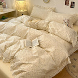 Popxstar  4Pcs Vintage French Fresh Floral Lace Ruffles 100% Cotton Bedding Set Duvet Cover Bed Skirt/Bed Sheet/Fitted Sheet Pillowcases