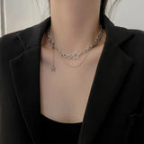 Popxstar Silver Color Double-layer Star Choker Necklace Personalized Inlaid Rhinestone Hollow Clavicle Chain Necklaces For Women Men
