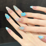 24pcs Exquisite 3D Floral Press on Nails Gold Lined Design Nail Sculpture Flower Nails Full Cover Manicure Almond Nail for Girls