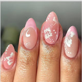 Popxstar  24Pcs Blush Pink False Nails White Flower Printed Short Round Head Press on Nails Sweet French Style Charms Manicure for Women