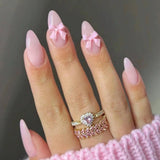 popxstar Pink French Style Fake Nails Almond Ballerina Press on Nails 3D Bowknot Designs Nude Color Stick-on False Nails Tips 24Pcs