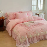 Popxstar  Elegant Lace Rose Embroidery Bedding Sets French Style Luxury 100% Cotton Pink Princess Ruffles Quilt Cover Bed Skirt Pillowcase