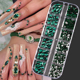Popxstar 12 Grids Green Blue Mixed Sizes Nail Art Rhinestones Crystal Flatback Nail Charm Gem Stones Non Hotfix Glitter Manicure Diamond