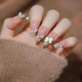 popxstar 24Pcs Mid-Length Fake Nails 3D Flower Pearl Designs Nude Pink Color Press on Nails Ballerina False Nails for Women DIY Manicure