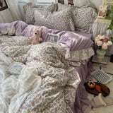 Popxstar 3/4Pcs Korean Princess Style Floral Ruffles Bedding Set Skin-friendly Soft Duvet Cover Set Bed Sheet Or Bed Skirt Pillowcases