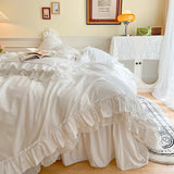 Popxstar White/Pink 2 Layers Ruffles Girls Duvet Cover 100%Cotton Soft Chic Comforter Quilt Cover 2Pillowcases Zipper Closure Ties