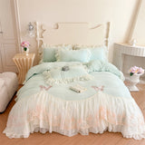 Popxstar  Butterfly Embroidery Lace Ruffles Princess Bedding Set Warm Velvet Duvet Cover Bed Sheet/Bed Skirt/Fitted Sheet Pillowcases 4Pcs