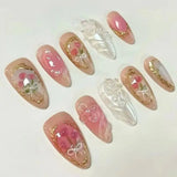 24pcs Pink Spring Summer Nail Art French Edge Fake Nails Sweet Pearl Star Shell False Nails 3D Flower Press on Nails Almond Nail