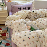 Popxstar  Cartoon Bedding Set Ins Korean Towel Embroidery Bed Linen Flat Sheets Set 2 Pillowcases Twin Double Queen Size Duvet Cover Set