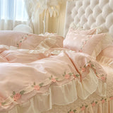 Popxstar  4Pcs Pure Cotton French Flowers Lace Ruffles Princess Wedding Bedding Set Duvet Cover Quilted Bedspread Bed Skirt Pillowcases