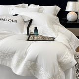 Popxstar  100% Egyptian Cotton White Luxury Embroidery Hotel Style Bedding Set Duvet Cover Set Flat/Fitted Bed Sheet Pillowcases 4Pcs