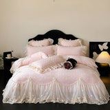 Popxstar  4Pcs French Princess Style Carved Velvet Warm Winter Bedding Set Large Lace Ruffle Duvet Cover Flat/Fitted Bed Sheet Pillowcases