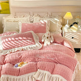 Popxstar Carved Milk Velvet Bedding Set Girl Luxury Princess Ruffle Bow Bed Linen Thicken Warm Quilt Cover Sheet Pillowcase Bedroom Decor