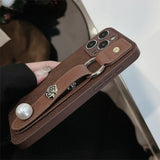 Popxstar Luxury Brown Leather Phone Case with Retro Wristlet for iPhone 15 Pro Max 14 11 12 13 XS X 7 8 Plus, Vintage Case for iPhone