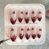 Popxstar  10Pcs French Almond Handmade Press on Nails Fake Nails with Cherry Pattern Wearable Stick-on Nails False Nail
