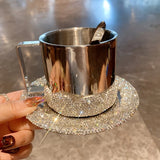 Popxstar  Rhinestone Coffee Cup Set with Saucers Shimmering Stainless Steel Insulated Mugs  Dessert Plates for Americano Latte Cafe Gift