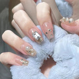 popxstar 24Pcs Mid-Length Fake Nails 3D Flower Pearl Designs Nude Pink Color Press on Nails Ballerina False Nails for Women DIY Manicure