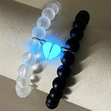 Popxstar Valentines Day Gift 2pcs Handmade Crown Beaded Charms Bracelet Luminou Heart Glow In The Dark Couple Bracelet for Lover Men Women Fluorescent Gift