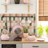 Popxstar  1set 10pcs Retro Pink&Green Vinyl Tile Peel&Stick Kitchen and Bathroom Backsplash Panel,Stairs,Removable Friendly Renter Sticker