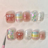 Popxstar  10pcs Sequins Full Cover Nail Tips Short Square Handmade False Nail Art Pearl Bow Design Press on Nails Reusable Round Fake Nail