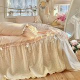 4Pcs Bedding Set Floral Rabbit Bow Lace Bed Sheets With Green Duvet Cover Muslin Bedding Bed Sheets Kawaii Princess Bedding