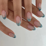 Popxstar 24Pcs Cat's Eye Design Fake Nail with Glue Short French False Nails Simple Oval Press on Nails Wearable Full Cover Nail Tips