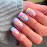 Popxstar 24pcs Glitter Short Square Fake Nails Sets Rhinestones French Design False Nail Tips Reusable Pink Press on Nails Tips Manicure