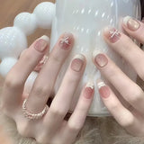 Popxstar  Nude Pink Almond Fake Nails Women Simple Charm Manicure Full Cover Press on Nails Bowknot Printed Detachable False Nails 24Pcs