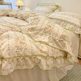 Popxstar 2/3Pc Korean Princess Style Floral Ruffles Bedding Set Single Queen Size Soft Skin-friendly Washed Cotton Duvet Cover Pillowcase