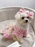 1 Set Printed Rabbit Check Patterned Peter Pan Collar Dress+Bow-Tie Pet Clothes