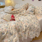 Popxstar  4Pcs Vintage French Fresh Floral Lace Ruffles 100% Cotton Bedding Set Duvet Cover Bed Skirt/Bed Sheet/Fitted Sheet Pillowcases