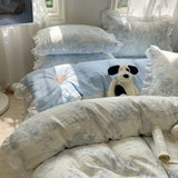 Popxstar Blue Floral Ruffle Duvet Cover Set Queen Flower Leaf Comforter Covers 4Pcs Soft Luxury Pastoral Garden Washed Cotton Bedding Set