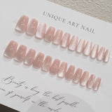 Popxstar 24 Pcs Cat Eye Winter Press on Nails for Gluing Long Korea False Nail for Girls Cheap Coffin Stick-on Fake Nails Set with Glue