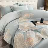 Popxstar High-End Floral Embroidery Green Red Bedding Set Luxury Egyptian Cotton Solid Duvet Cover Flat or Fitted Bed Sheet Pillowcases