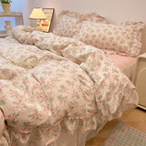 Popxstar 2/3Pc Korean Princess Style Floral Ruffles Bedding Set Single Queen Size Soft Skin-friendly Washed Cotton Duvet Cover Pillowcase