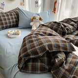 Popxstar Bedding Set Ins Ambiance Blue Coffee Grid Mixed With Washed Cotton Minimalist Four Piece Set Fitted Sheets Duvet Cover
