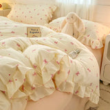 Popxstar  Princess Style Bedding Sets Ruffle Lace Bow Quilt Cover Romantic Bedclothes Decor Woman Girls Bedroom Duvet Cover 4pcs